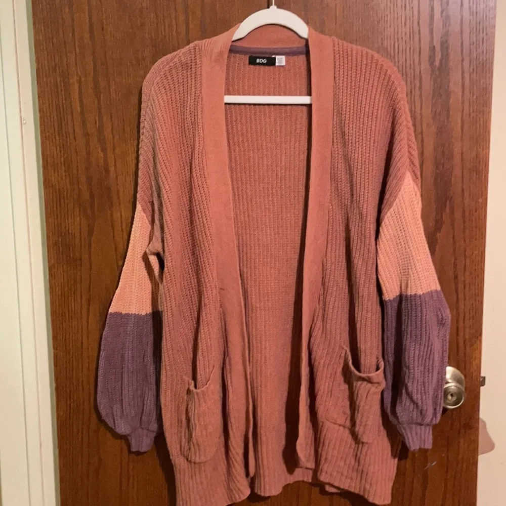 BDG Colorblock Open Front Cardigan in Rose and Purple - Picture 2 of 6